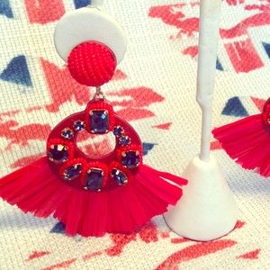Red & Navy Stone Raffia Fan Earring